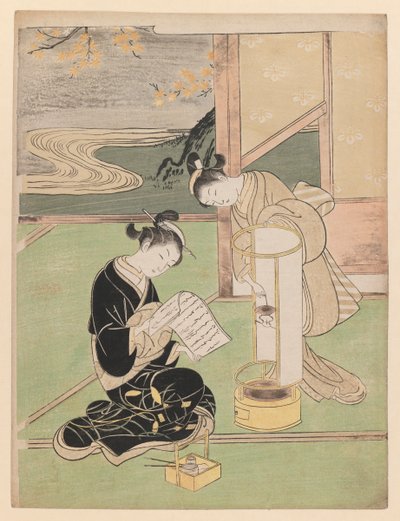 Avondgloed in de met papier bedekte nachtlamp, uit de serie Acht salonuitzichten, 1766 door Suzuki Harunobu